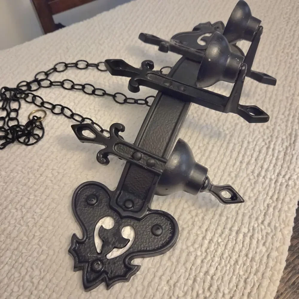 Gothic Wall Sconce 1960s 3 Candle Holders Chains Heavy Black Cast Metal